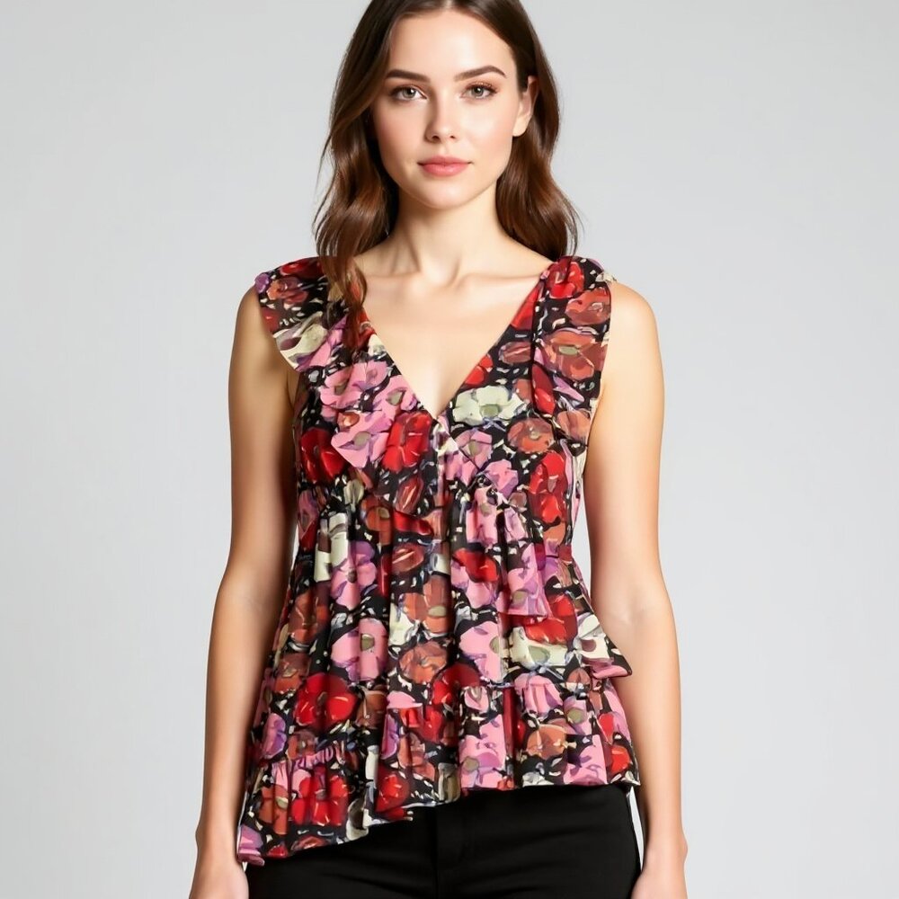 Cinq à Sept Pink Bohemian Artsy Floral Blouse Sleeveless Summer Top Size Small